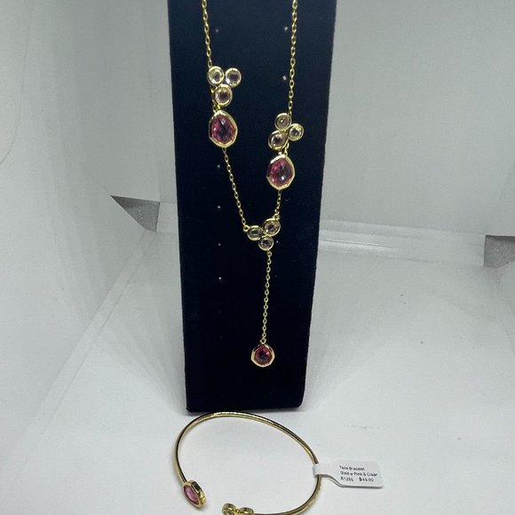 Real Simple Style Talia Necklace Bracelet & Earrings Gold w/Pink & Clear 3 items - Picture 2 of 12